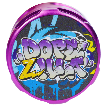 Close-up top-down view of the purple “Epic 420 House Party” Deluxe Box lid featuring bold graffiti lettering and blue paint-splash background.