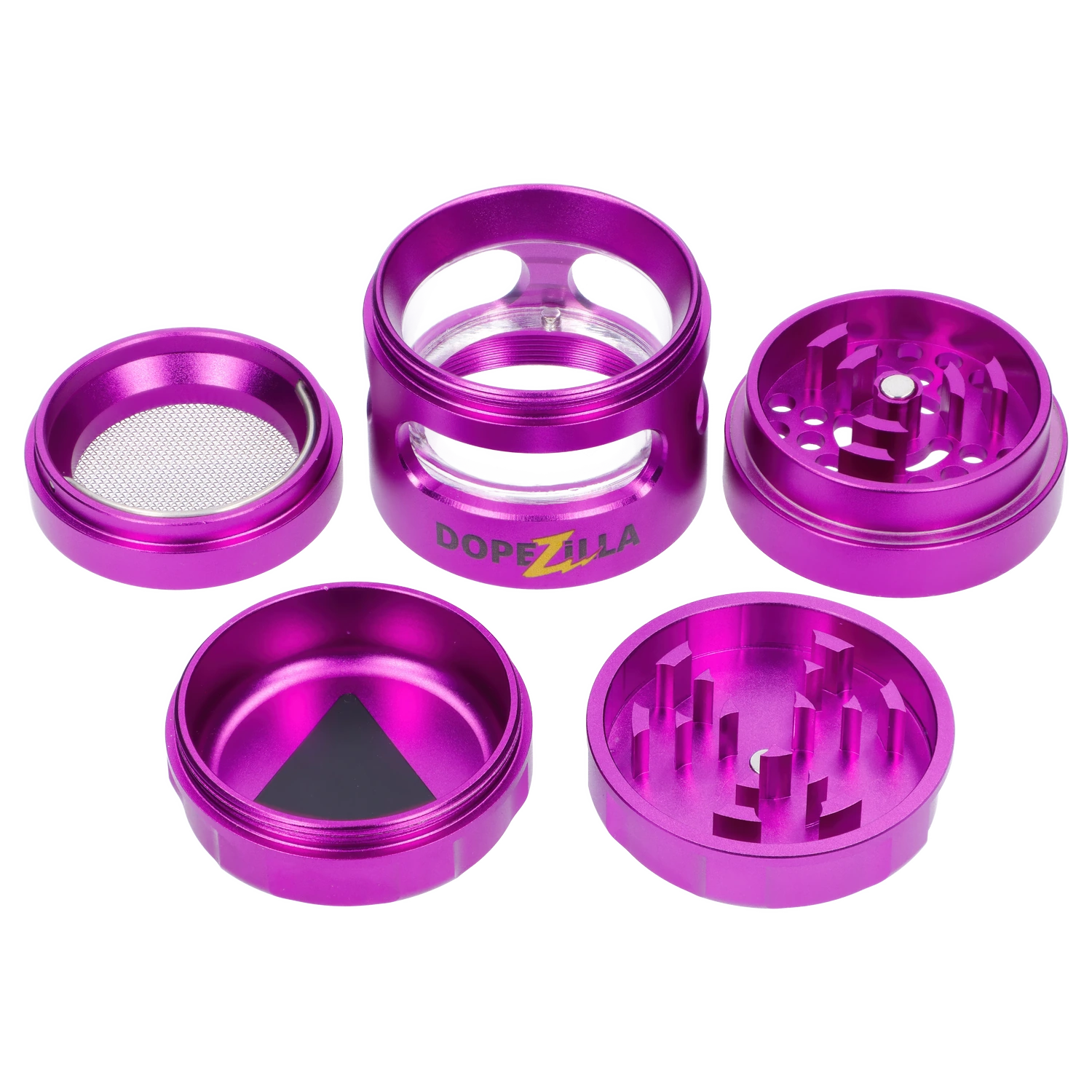 Top-down view of fuchsia metal components arranged in two rows showing the clear-windowed chamber labeled “Epic 420 House Party” Deluxe Box with matching grinder and mesh screen.
