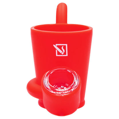 Close-up front view of the bright red “Epic 420 House Party” Deluxe Box showing its cylindrical cup, a clear glass bowl, and a white smoking icon on the smooth surface.