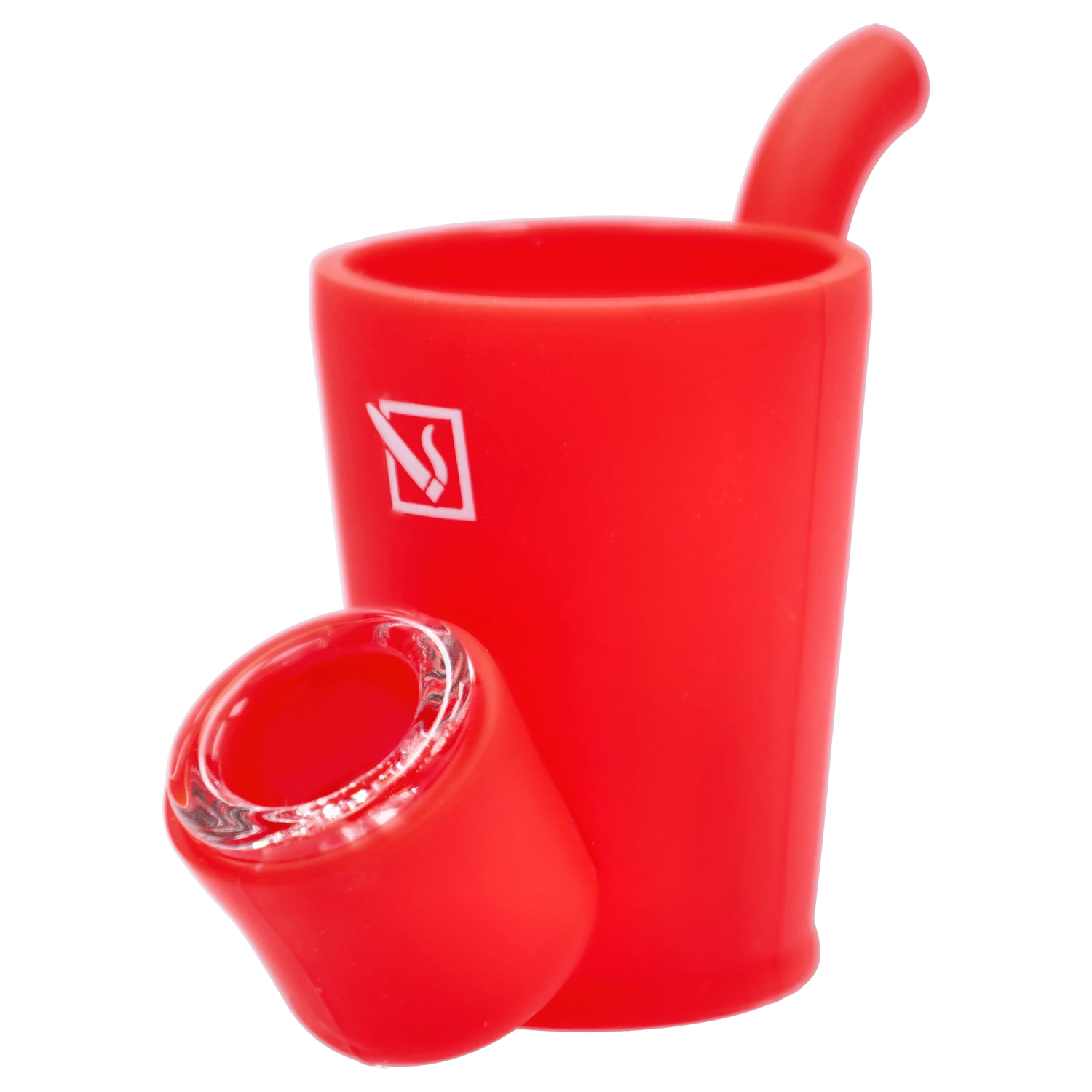 Close-up front view of the bright red “Epic 420 House Party” Deluxe Box showing its cylindrical body, angled mouthpiece, and glossy rounded bowl.