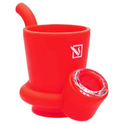 Close-up, three-quarter view of the bright red “Epic 420 House Party” Deluxe Box showing its cup-like main chamber, angled mouthpiece, and glass-lined bowl.