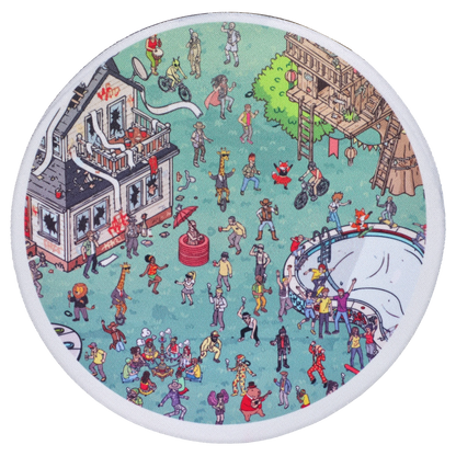 Top-down view of a crowded backyard scene on the “Epic 420 House Party” Deluxe Box showing tiny illustrated partygoers, a burning house, a treehouse, and a drained pool.