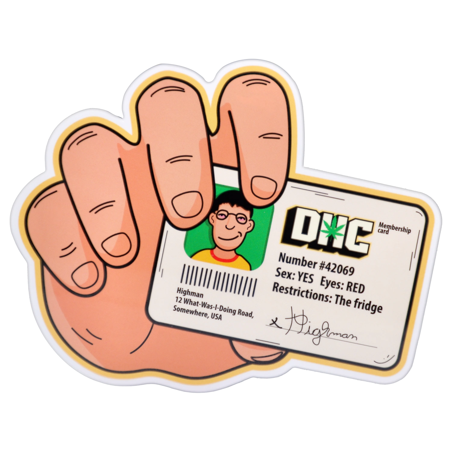 Close-up of a cartoon hand holding a novelty ID card for the “Epic 420 House Party” Deluxe Box, showing a smiling photo, barcode, and bold DNC logo.