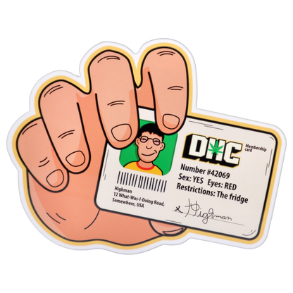 Close-up of a cartoon hand holding a novelty ID card for the “Epic 420 House Party” Deluxe Box, showing a smiling photo, barcode, and bold DNC logo.