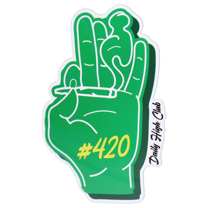 Top-down view of a green hand graphic holding a lit joint with “#420” in yellow on the “Epic 420 House Party” Deluxe Box image