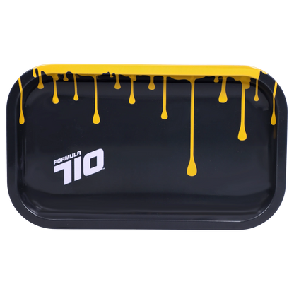 Top-down view of the “Epic 420 House Party” Deluxe Box showing a black tray with yellow paint-drip graphics and a white "Formula 710" logo.