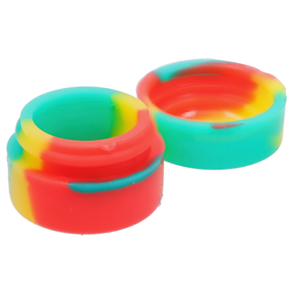 Close-up angled view of two colorful silicone containers from the “Epic 420 House Party” Deluxe Box showing red, teal and yellow swirled interiors and ribbed sides.