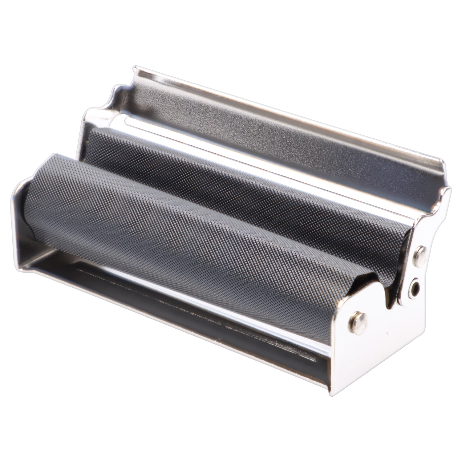 Angled close-up of the metal roller showing textured black rubber cylinders and a shiny silver frame in the “Epic 420 House Party” Deluxe Box