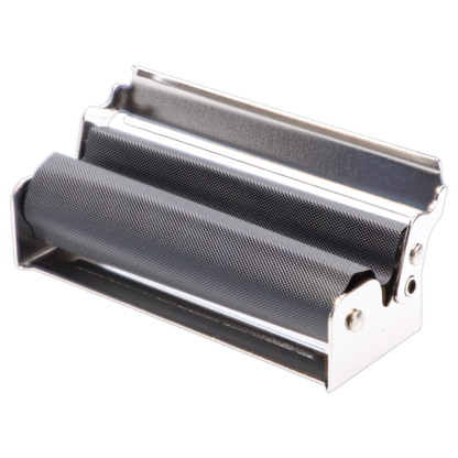 Angled close-up of the metal roller showing textured black rubber cylinders and a shiny silver frame in the “Epic 420 House Party” Deluxe Box