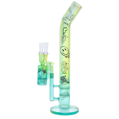 Tall three-quarter view of the translucent green “Epic 420 House Party” Deluxe Box glass piece with printed smiley and cartoon motifs.
