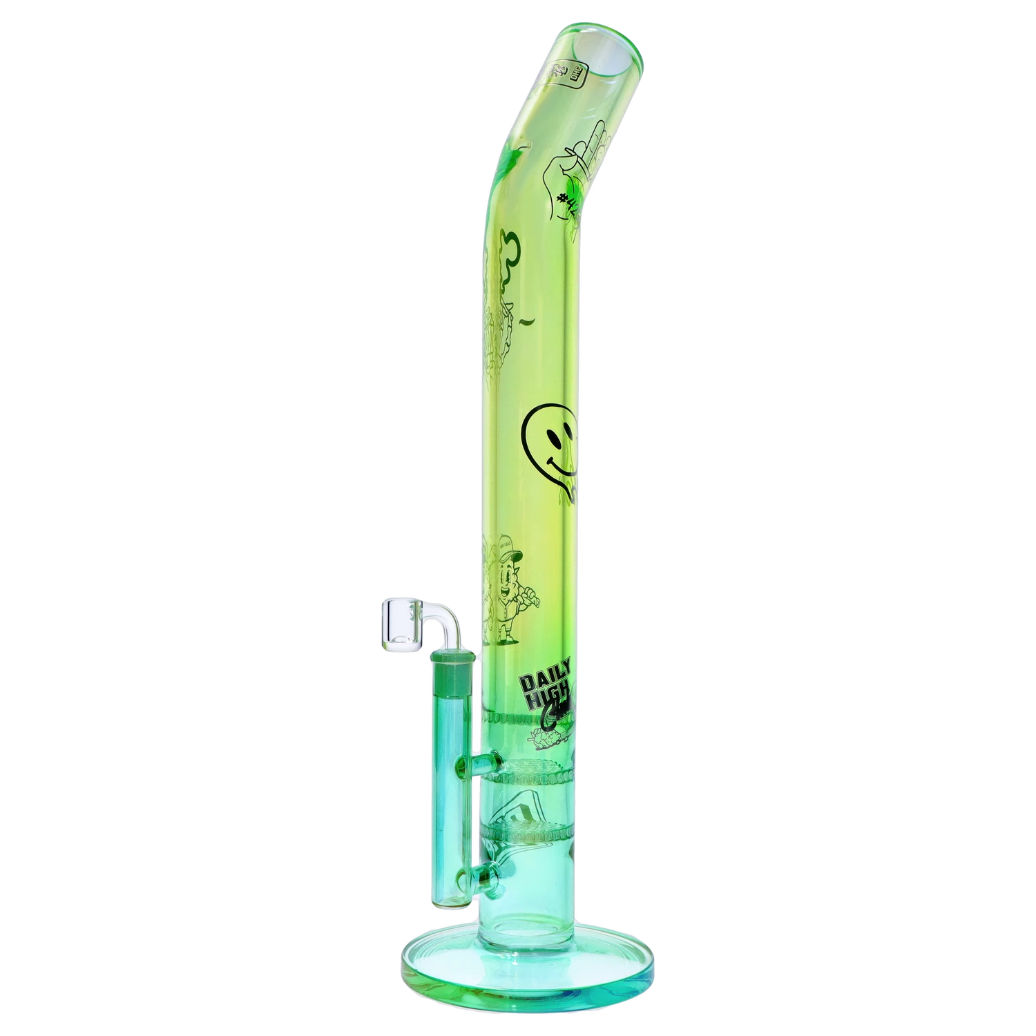 Tall angled green glass tube photographed upright on white, showing printed smiley and cartoon graphics on the “Epic 420 House Party” Deluxe Box.