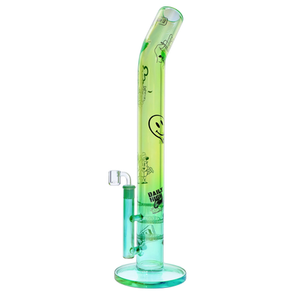 Tall angled green glass tube photographed upright on white, showing printed smiley and cartoon graphics on the “Epic 420 House Party” Deluxe Box.