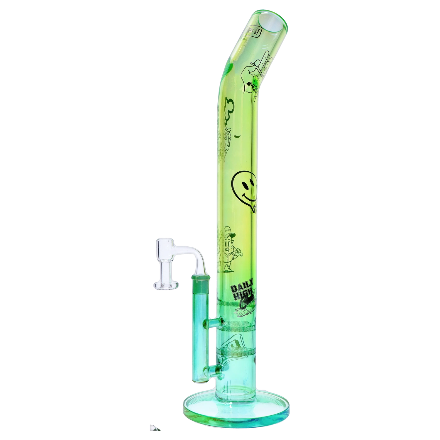Tall angled studio shot of the translucent green “Epic 420 House Party” Deluxe Box tube with printed smiley and cartoon graphics visible along its length.