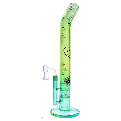 Tall angled studio shot of the translucent green “Epic 420 House Party” Deluxe Box tube with printed smiley and cartoon graphics visible along its length.