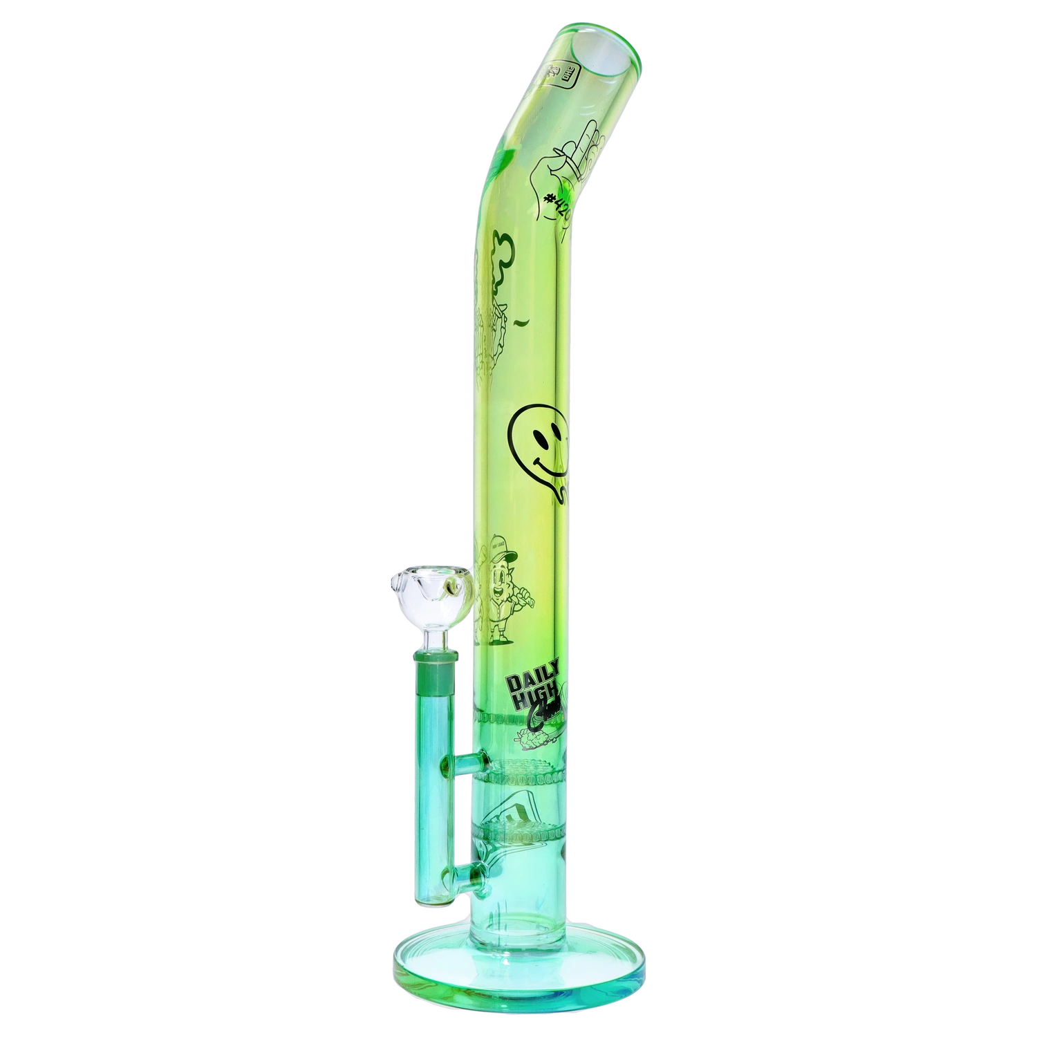 Side view of a tall green glass tube decorated with playful smiley and cartoon graphics, titled “Epic 420 House Party” Deluxe Box.