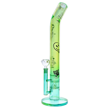 Side view of a tall green glass tube decorated with playful smiley and cartoon graphics, titled “Epic 420 House Party” Deluxe Box.