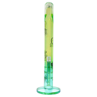 Tall, straight-profile green glass tube photographed front-on with a round base, labeled “Epic 420 House Party” Deluxe Box.