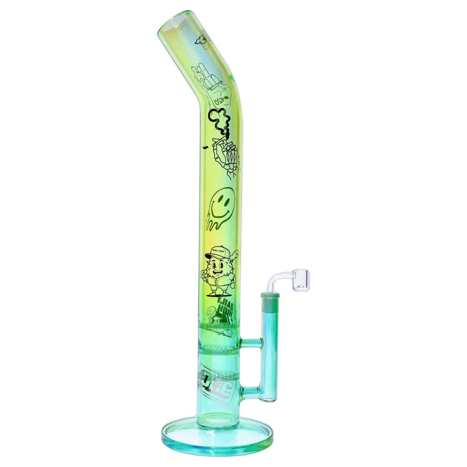 Side view of the iridescent green glass “Epic 420 House Party” Deluxe Box bong with cartoon decals and a slightly angled mouthpiece.