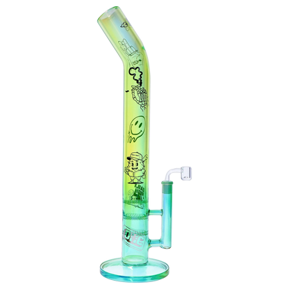 Side view of the iridescent green glass “Epic 420 House Party” Deluxe Box bong with cartoon decals and a slightly angled mouthpiece.
