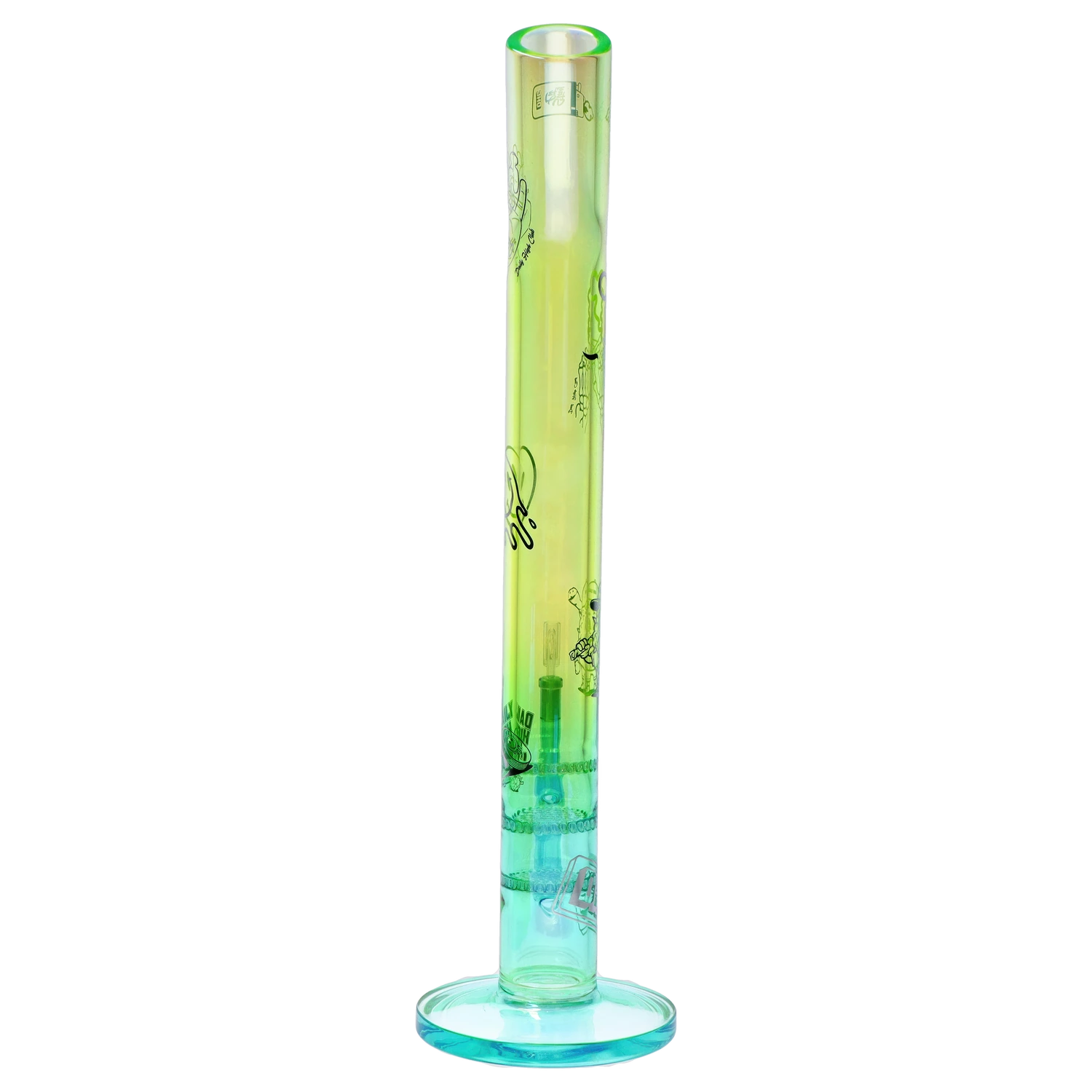 Tall side view of the green-tinted “Epic 420 House Party” Deluxe Box glass tube standing on a round base with black graphic decals.