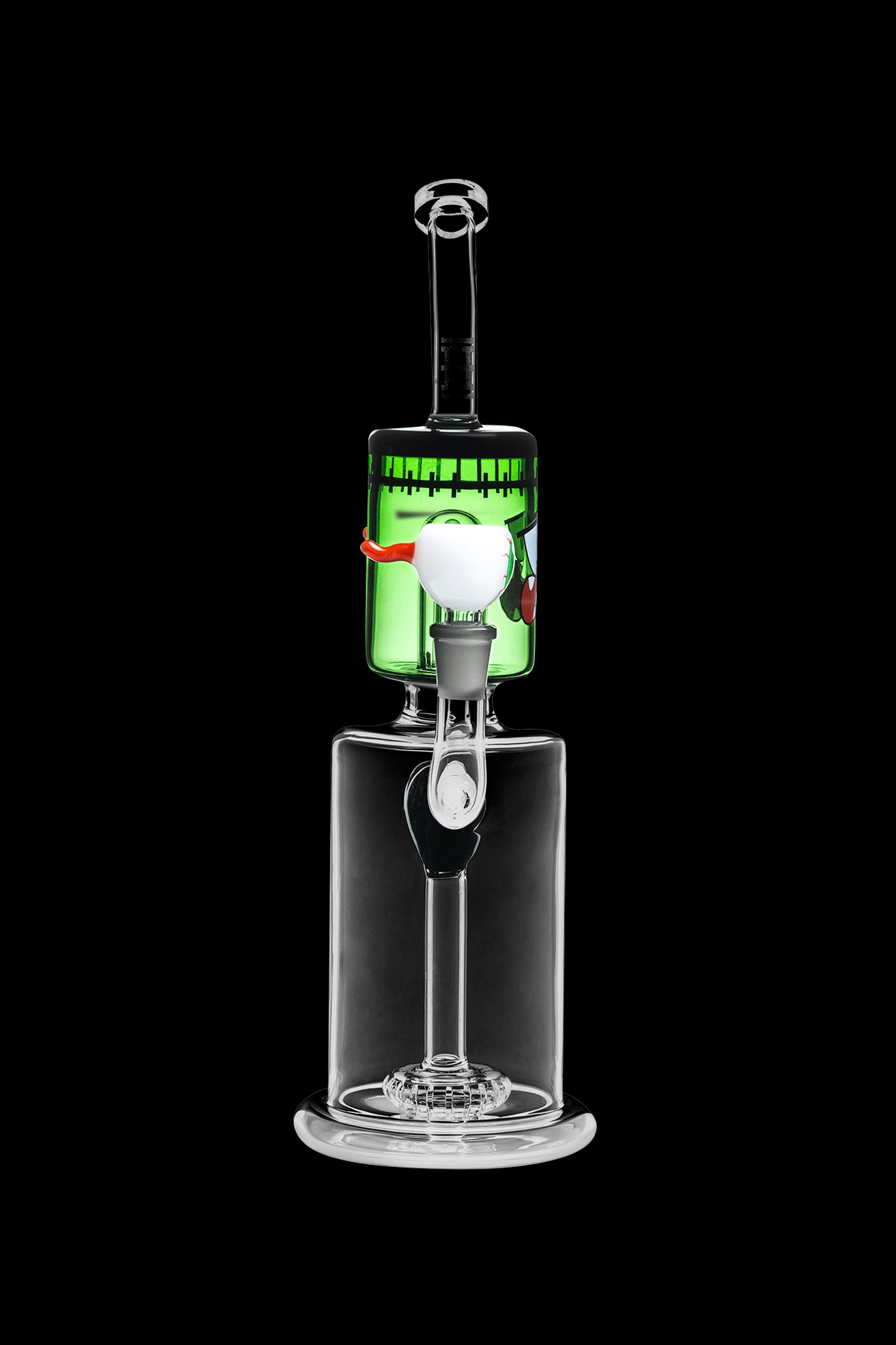 A glass water pipe (bong) decorated with a Frankenstein monster theme, featuring green and black accents, and a bubbler base.