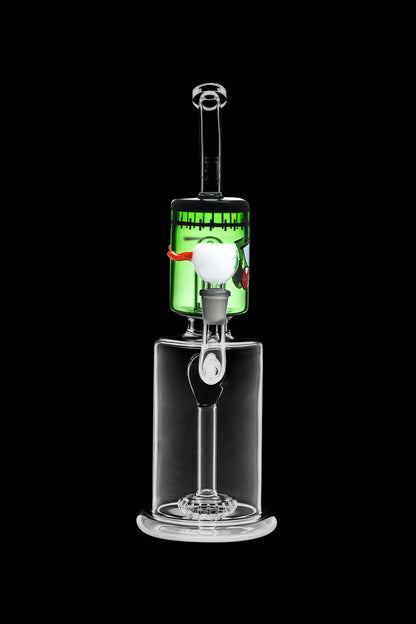 A glass water pipe (bong) decorated with a Frankenstein monster theme, featuring green and black accents, and a bubbler base.