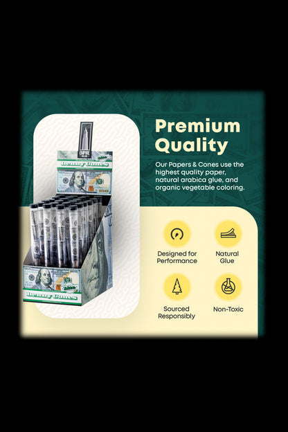Advertisement for cannabis rolling papers and cones highlighting premium quality, natural ingredients, responsible sourcing, and non-toxic materials, with a graphic featuring rolled dollar bills.