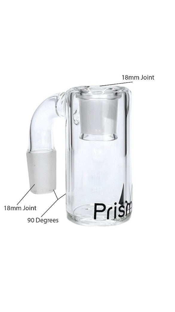 Clear glass 90-degree cannabis water pipe with labeled joints.