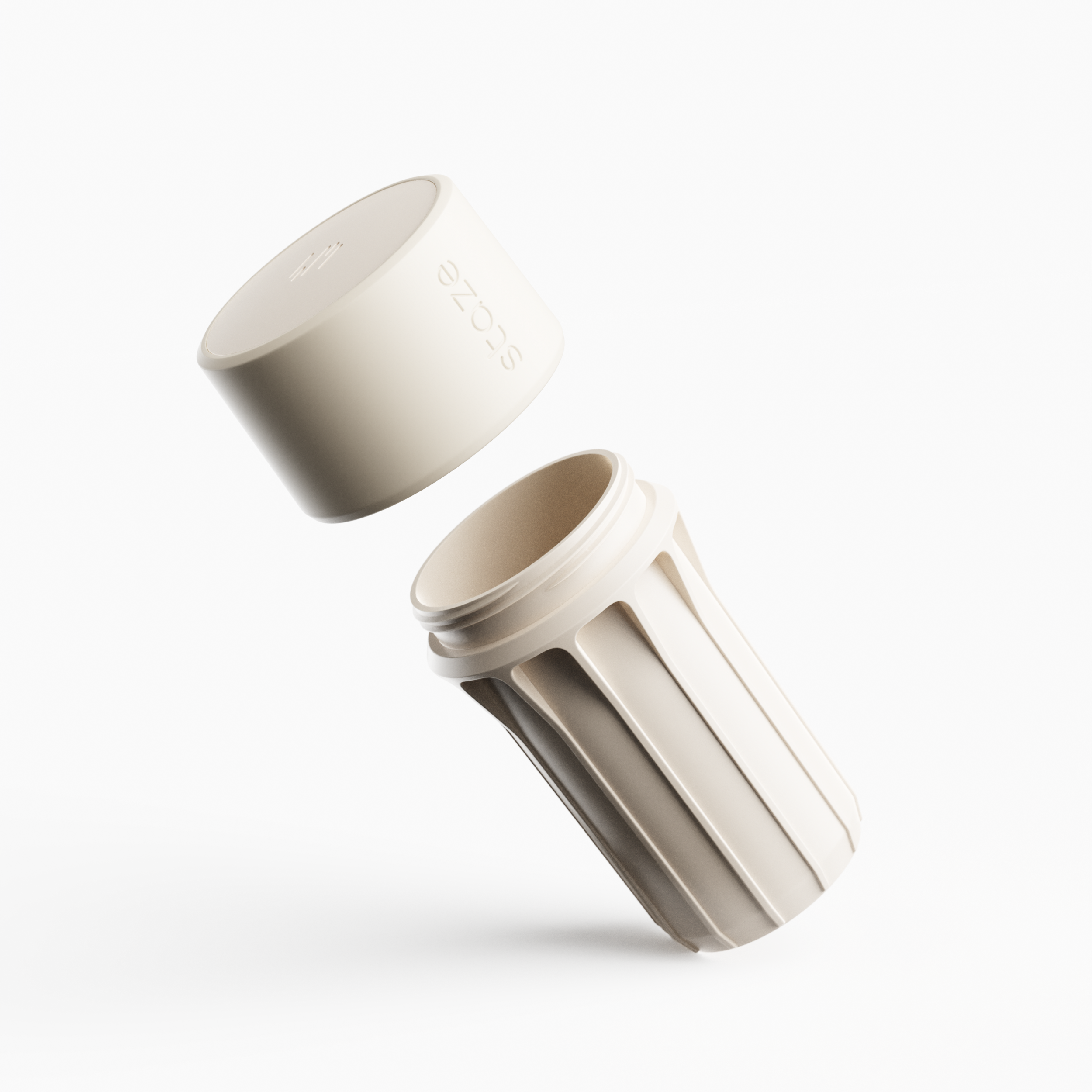 Angled close-up of a floating beige lid and threaded body piece showing the embossed STAZE PRESERVE logo.