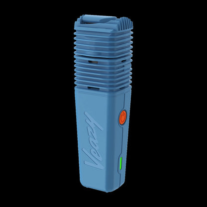 Angled close-up of the Alluring Black Storz & Bickel Veazy Vaporizer showing its ribbed top, side buttons, and textured body against black background