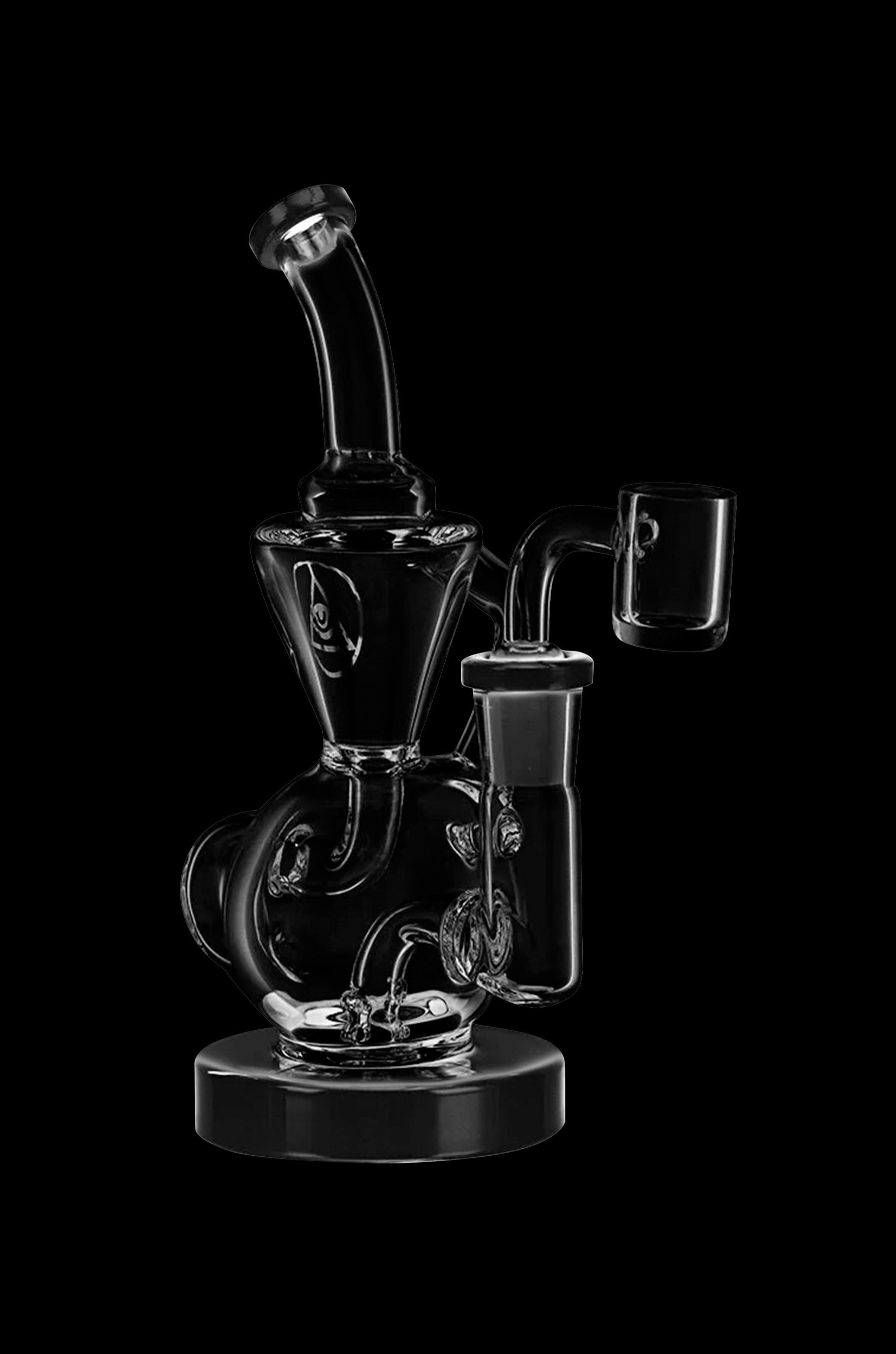 Clear glass water pipe (rig) with intricate bubbler design, displayed against a black background.