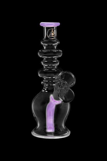 Clear glass bubbler water pipe with purple accents and intricate sculpting.