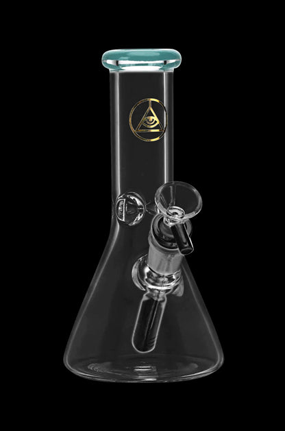 Clear glass bong with a flared base and all-seeing eye logo.