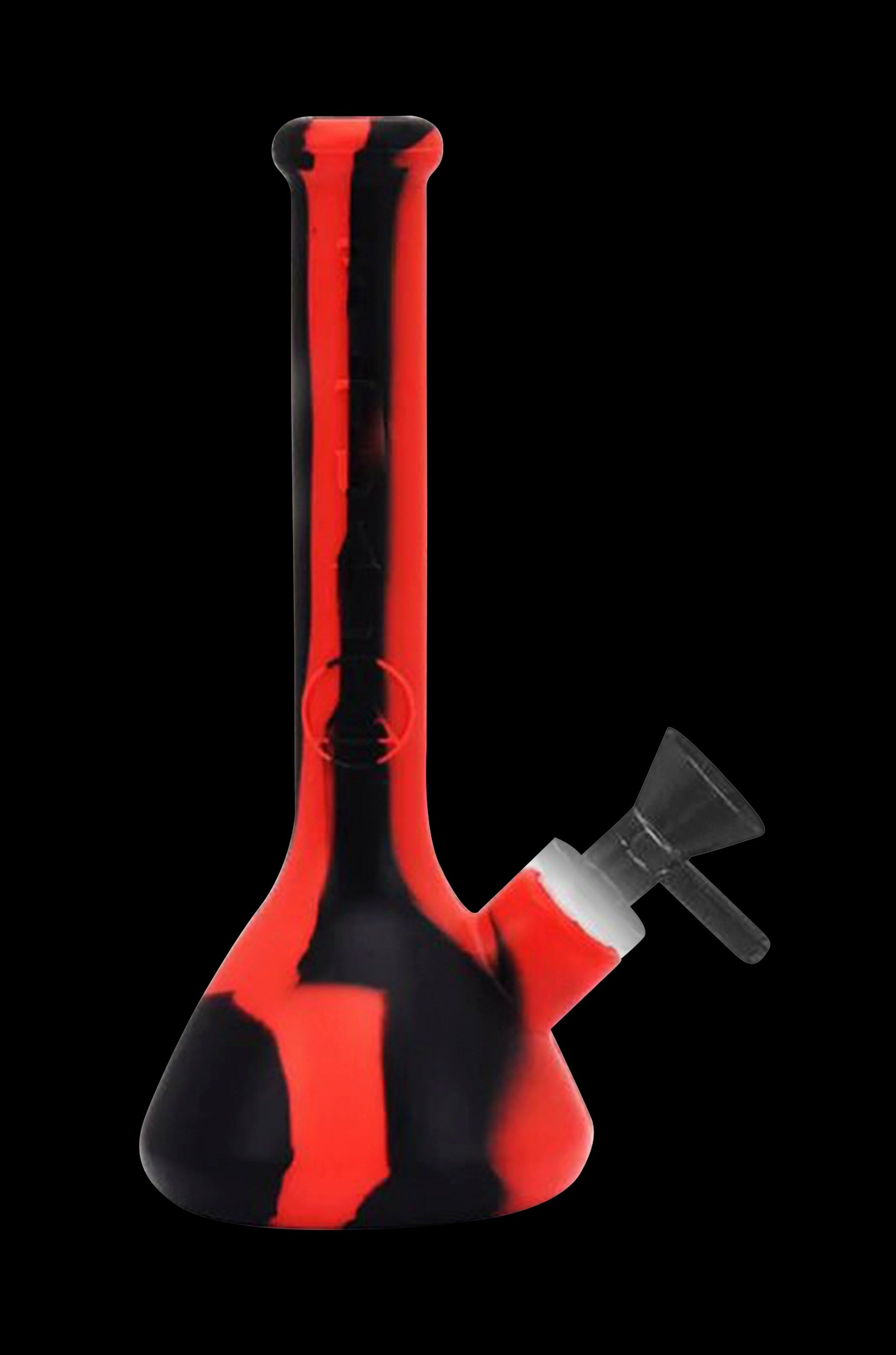 Red and black silicone water pipe (bong) isolated on a black background.
