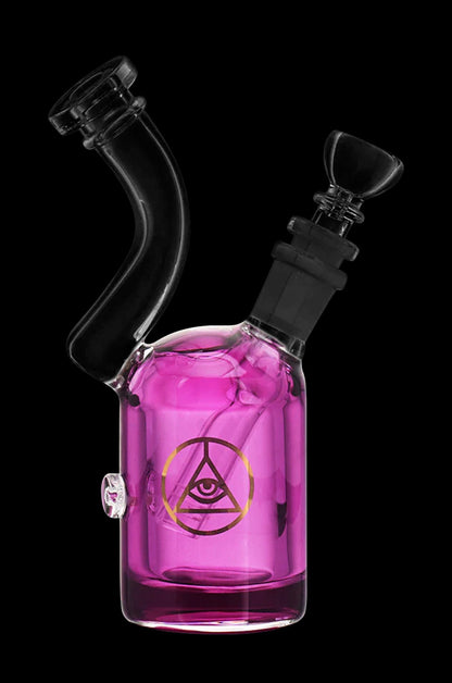 Pink glass bubbler with all-seeing eye design.