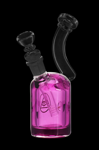 Pink glass water pipe with intricate design.