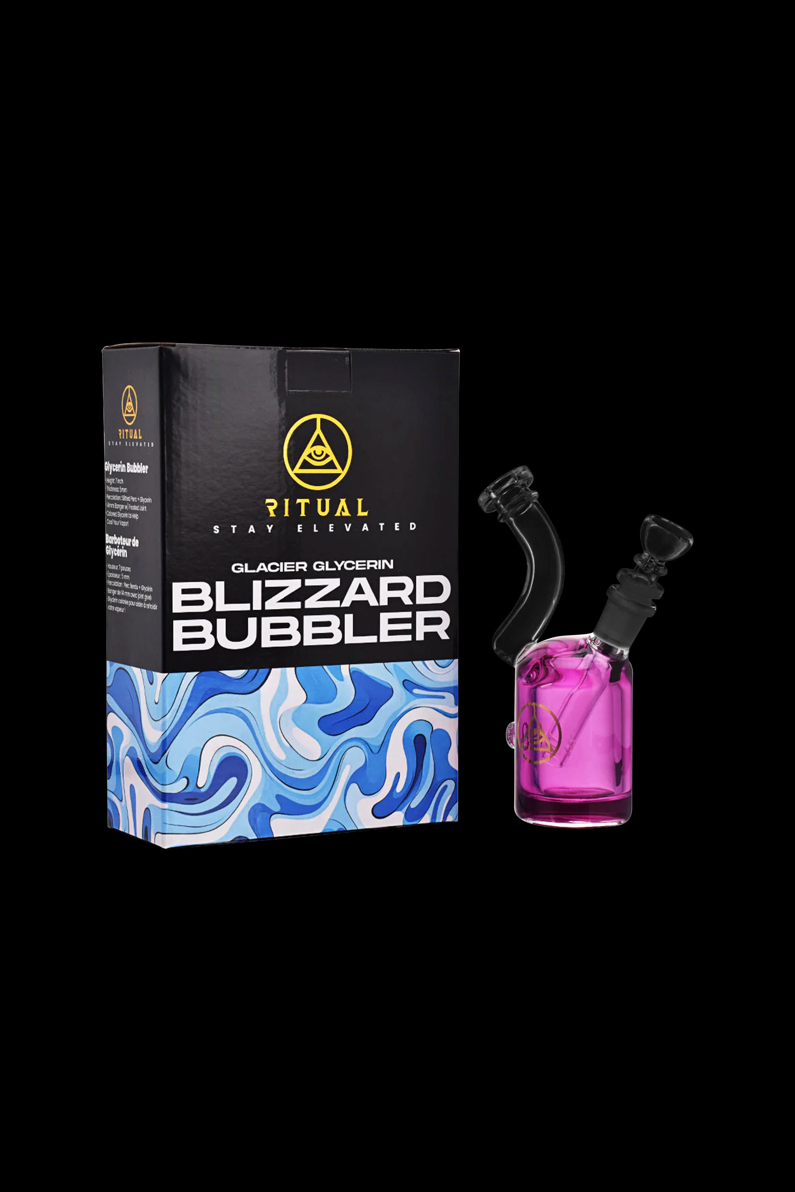 Product shot of “Ritual Stay Elevated” Blizzard Bubbler, a glass cannabis water pipe with a blue and white marbled design, presented in black packaging.