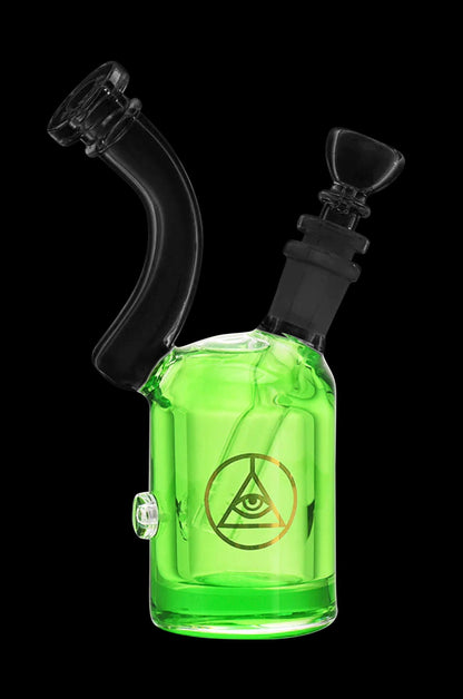 Green glass bubbler with a triangular eye symbol.