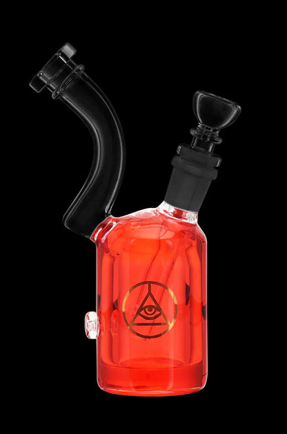 Red glass rig with black accents and an eye symbol.