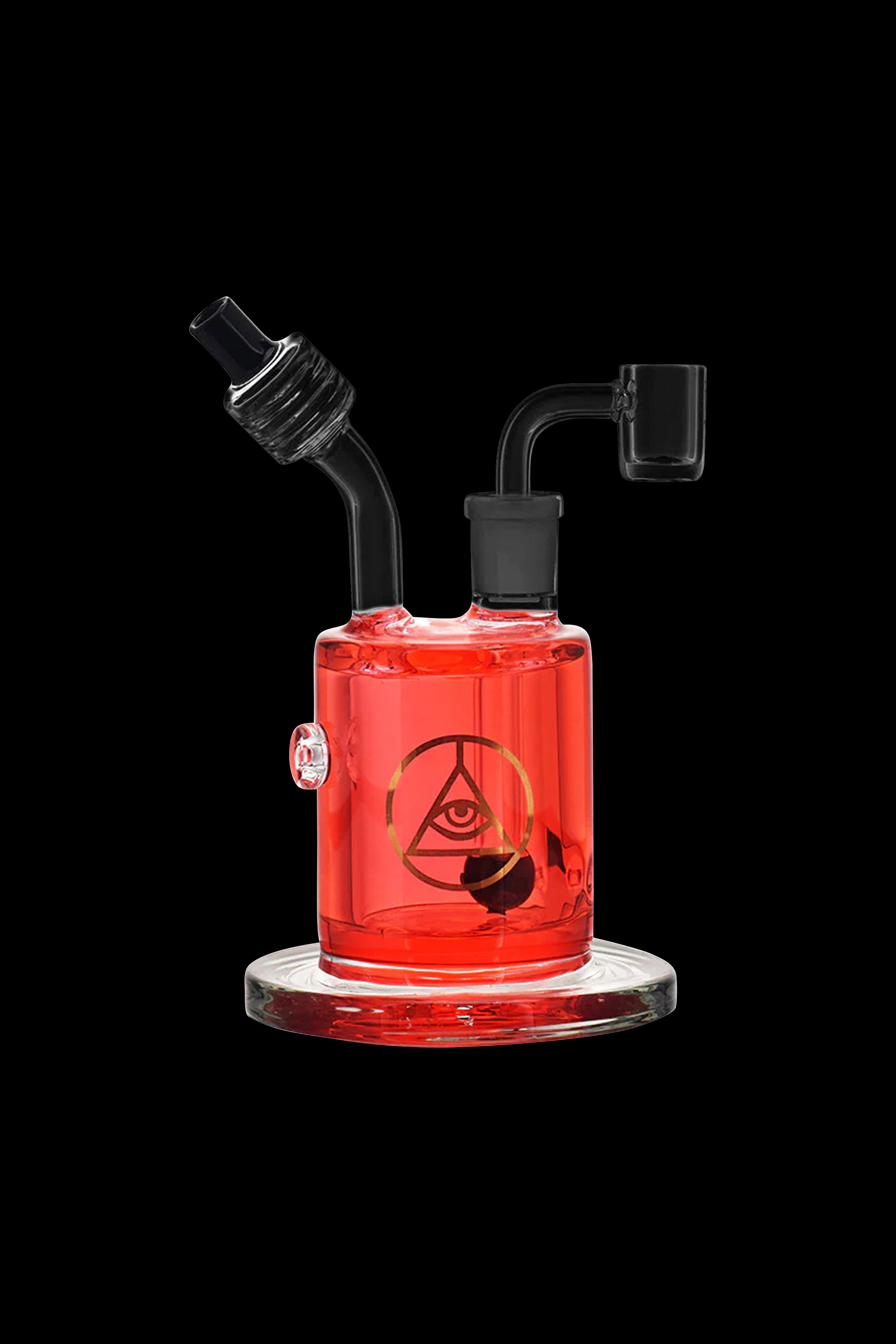 Red glass rig with intricate design and dab nail, isolated on a black background.