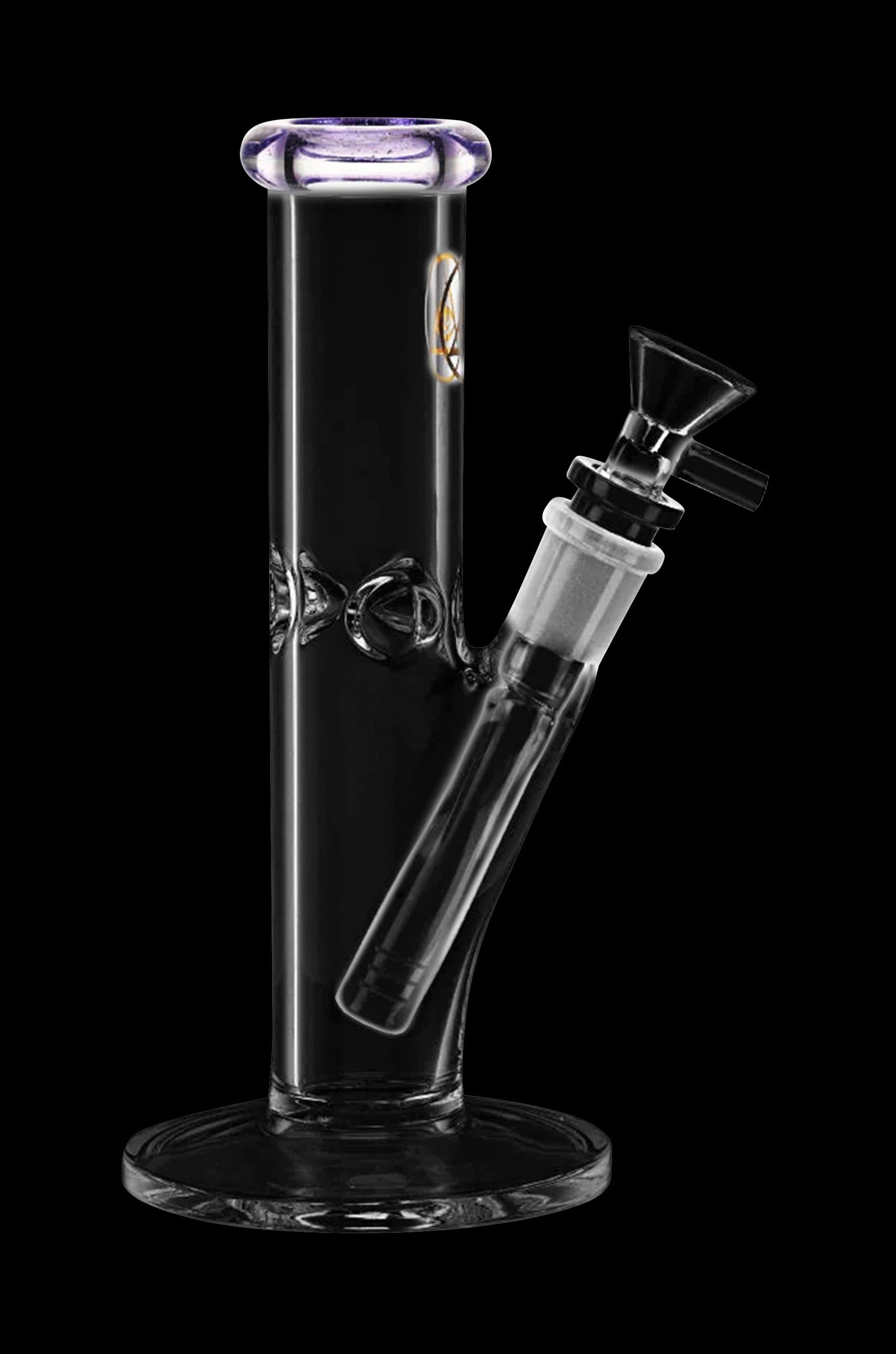 Clear glass bong with a flared base and ice pinch, against a black background.