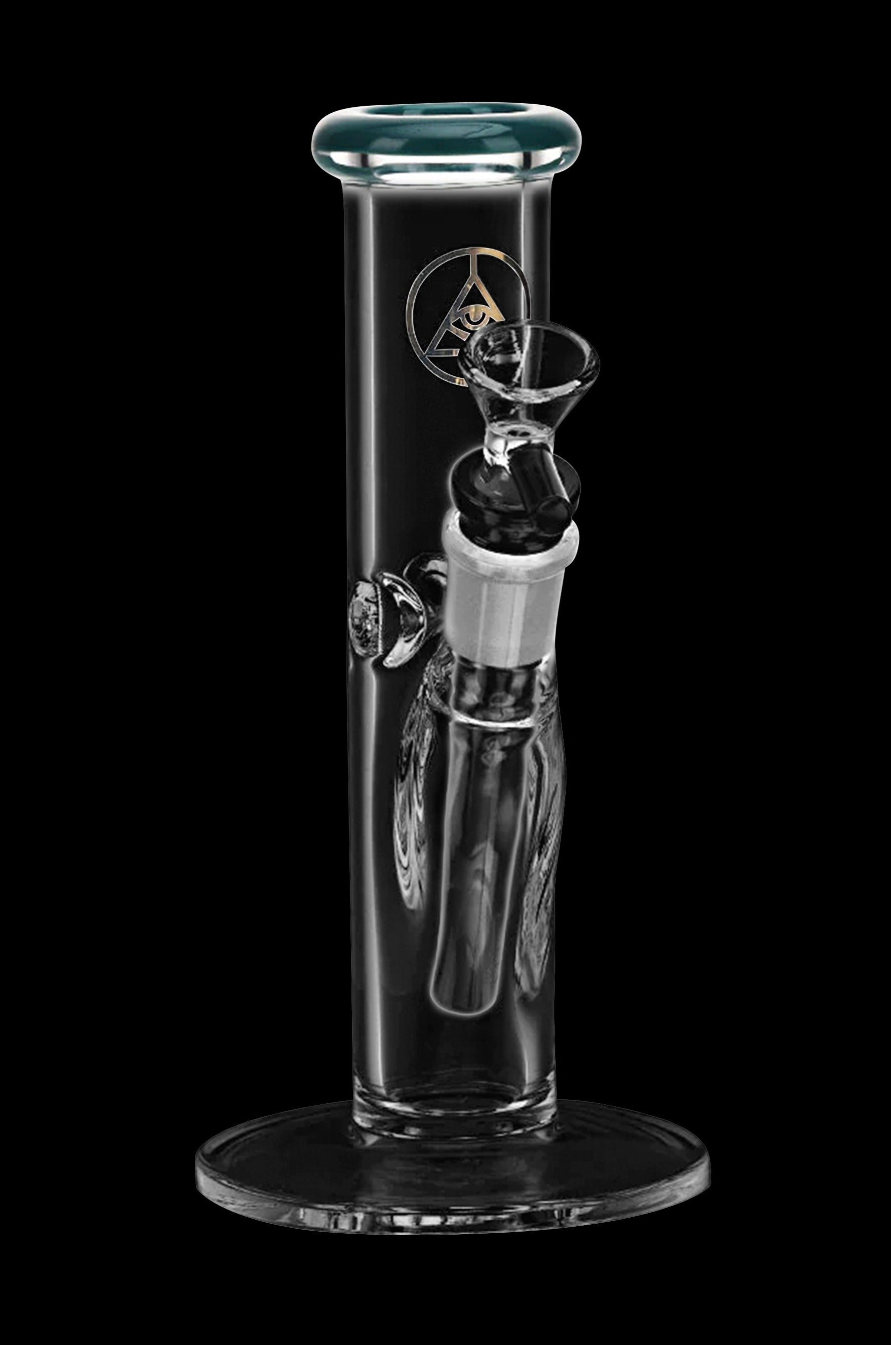 Clear glass water pipe (bong) with intricate detailing and a black accent piece, isolated on a black background.