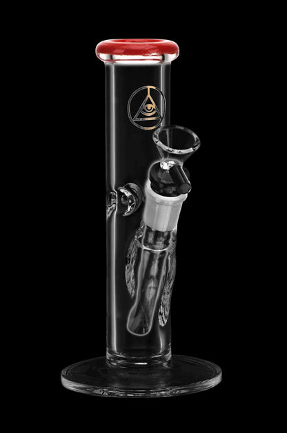 Clear glass water pipe (bong) with intricate sculptural design and red accent rim, isolated on a black background.