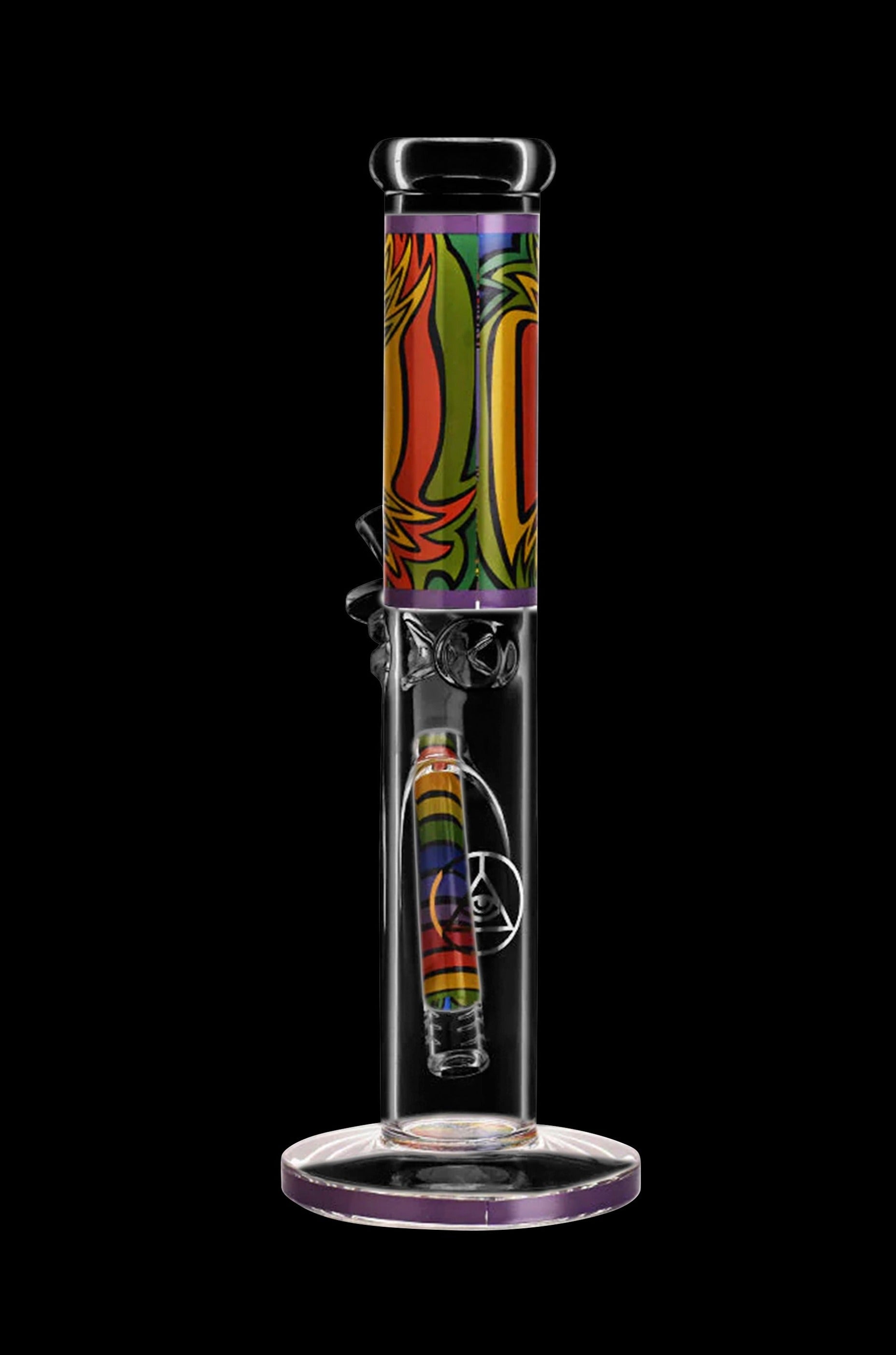A vibrant glass bong with colorful patterned accents and internal percolation features, set against a black background.