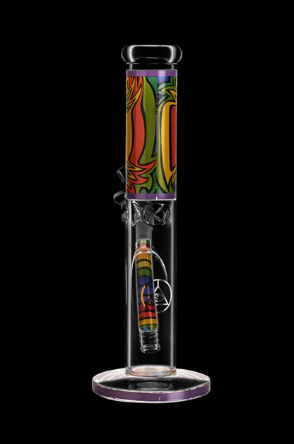A vibrant glass bong with colorful patterned accents and internal percolation features, set against a black background.