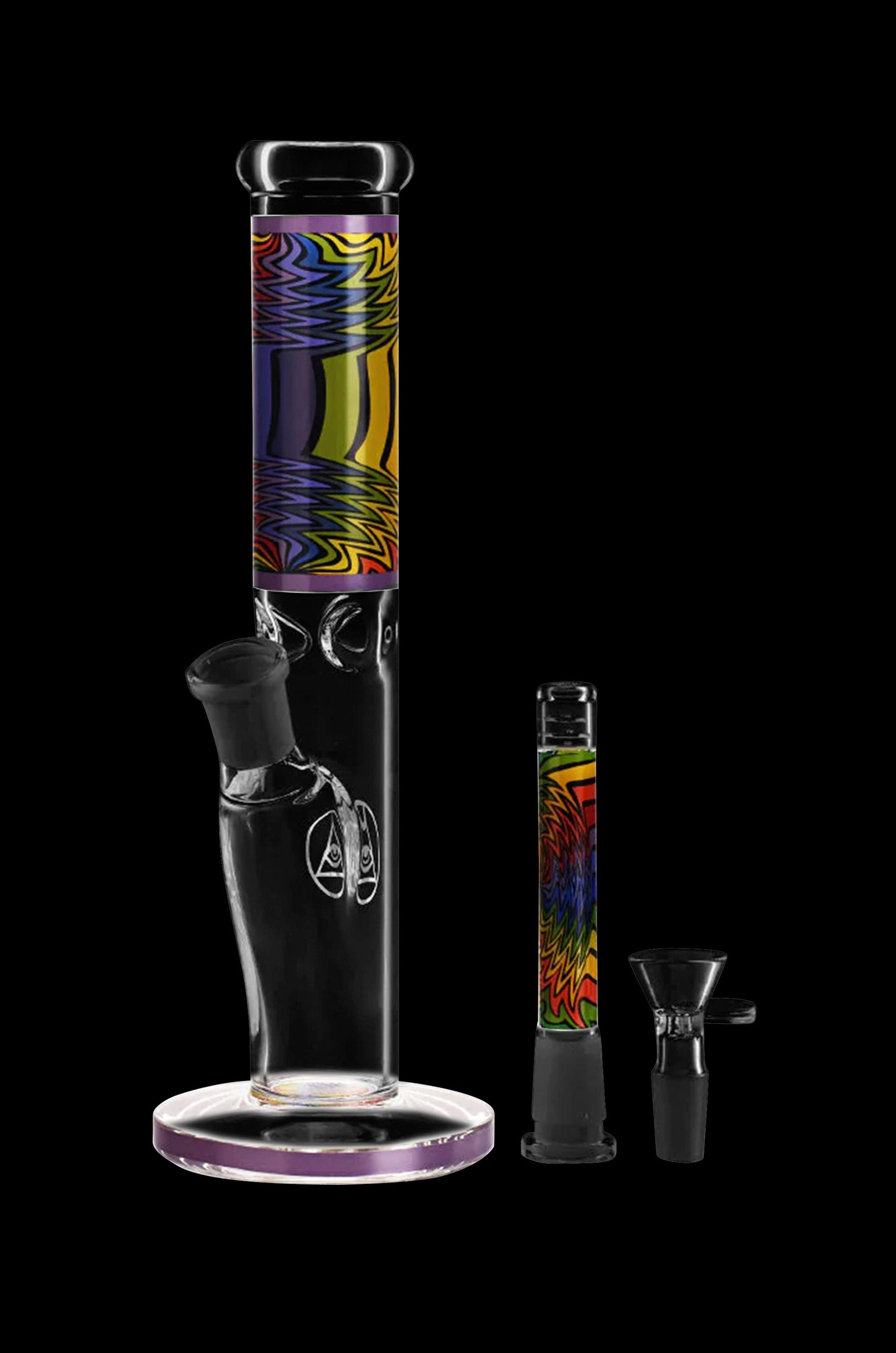 A vibrant glass water pipe (bong) with psychedelic, colorful patterns, displayed with its component parts.