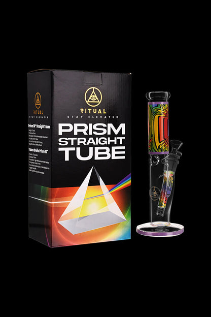 A product shot of a colorful glass smoking pipe ("prism straight tube") in its retail box, featuring a prismatic design and branding.