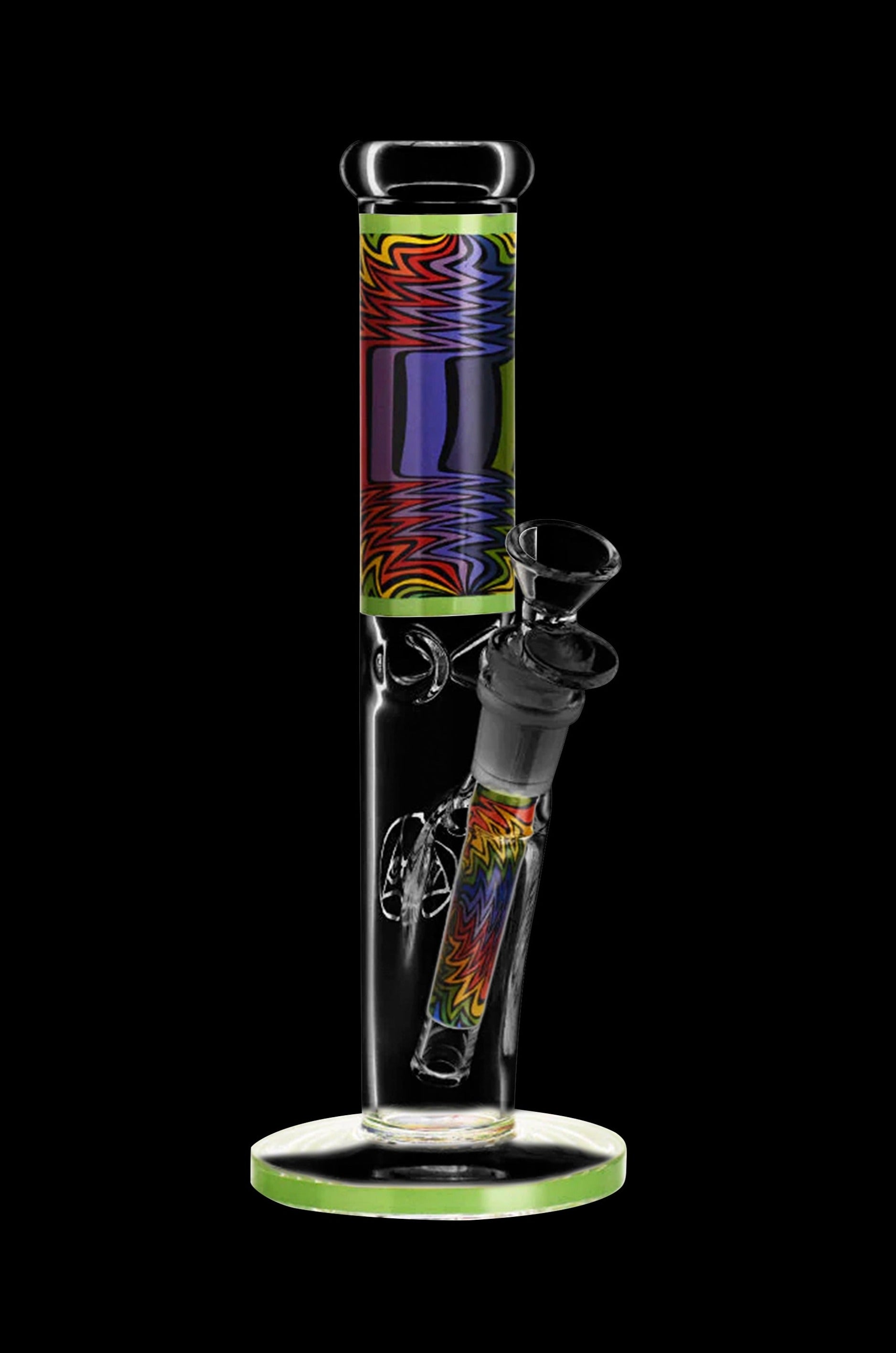 A colorful glass bong with psychedelic patterns and a green base, isolated on a black background.