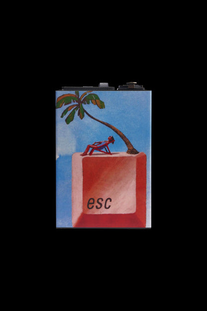 A vintage-style lighter features a red palm tree-shaped case with the word "esc" printed on the front.
