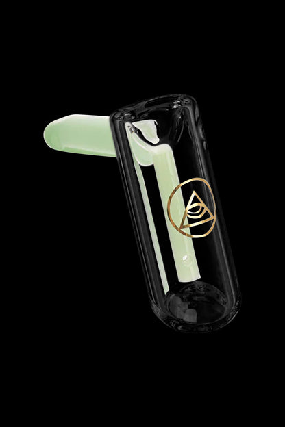 Glass cannabis oil rig with glowing green accents and a gold logo.